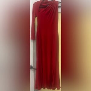 Betsy & Adam RED One Shoulder ASYMMETRICAL Single Long Sleeve SLIT GOWN 8